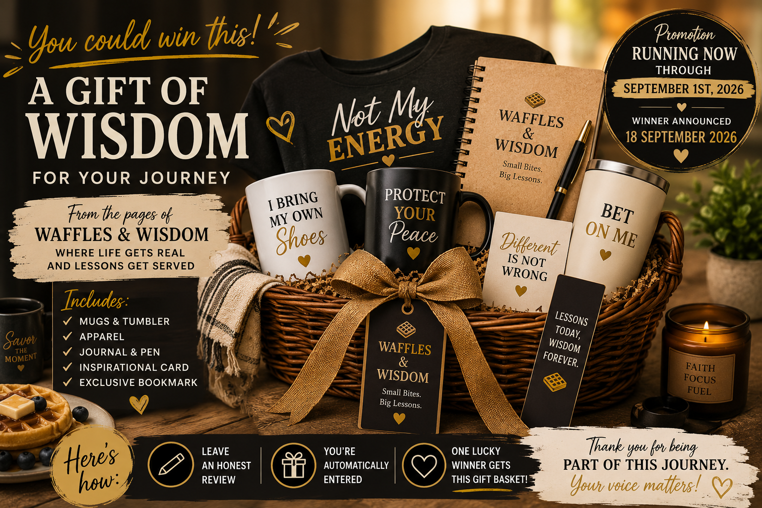 Waffles & Wisdom gift basket promotion showing themed mugs, apparel, journal, and inspirational items