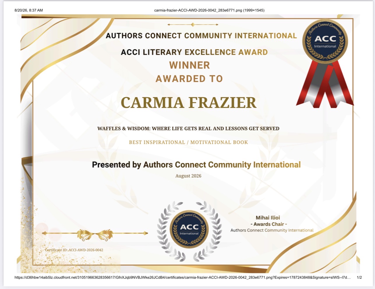 ACCI Literary Excellence Award certificate for Best Inspirational / Motivational Book