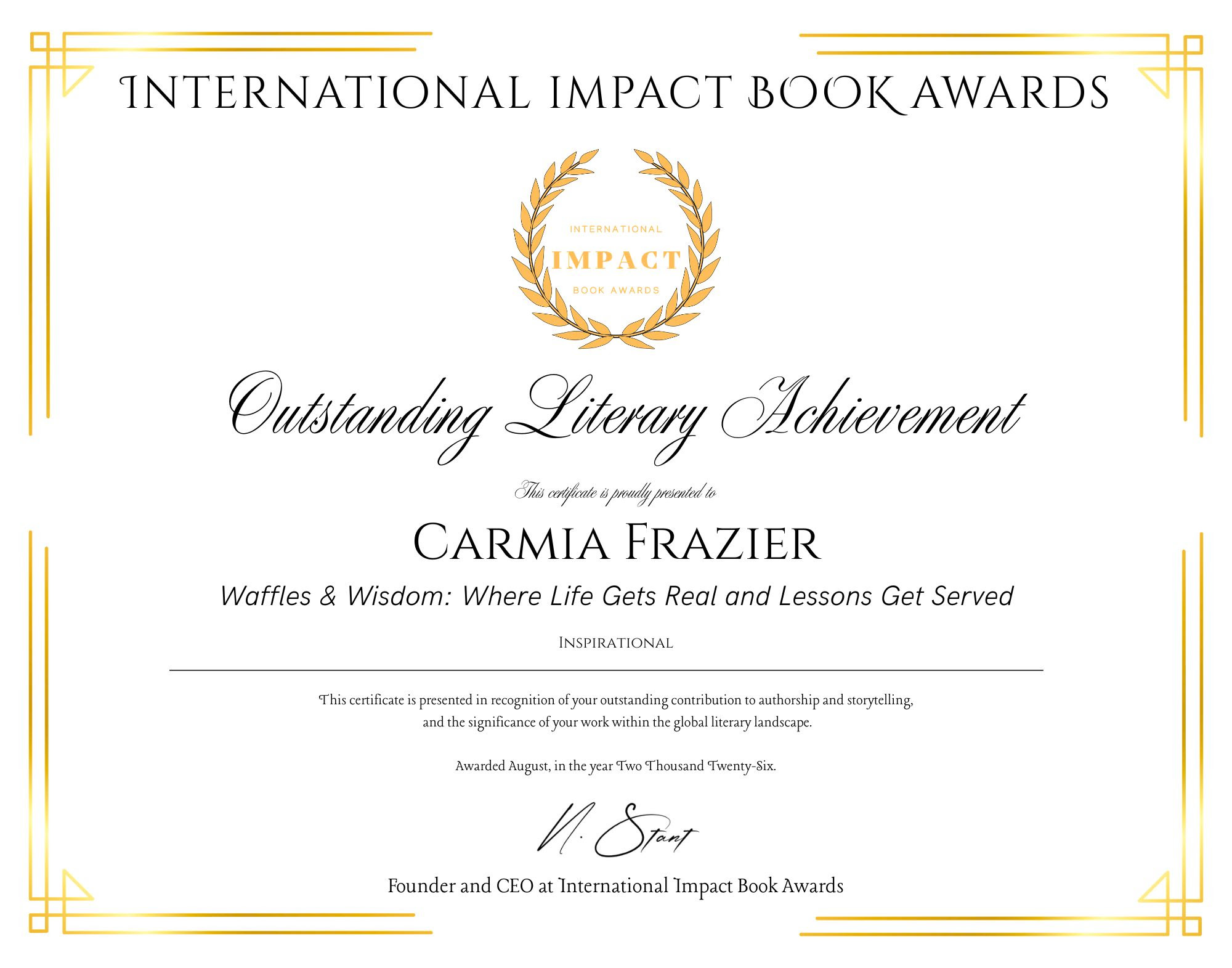 International Impact Book Awards Outstanding Literary Achievement certificate