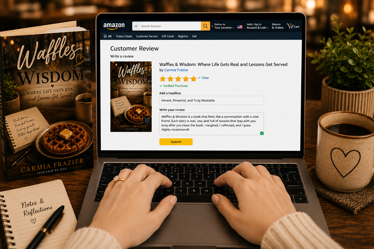 Leaving a review for Waffles & Wisdom on a laptop with coffee and the book nearby