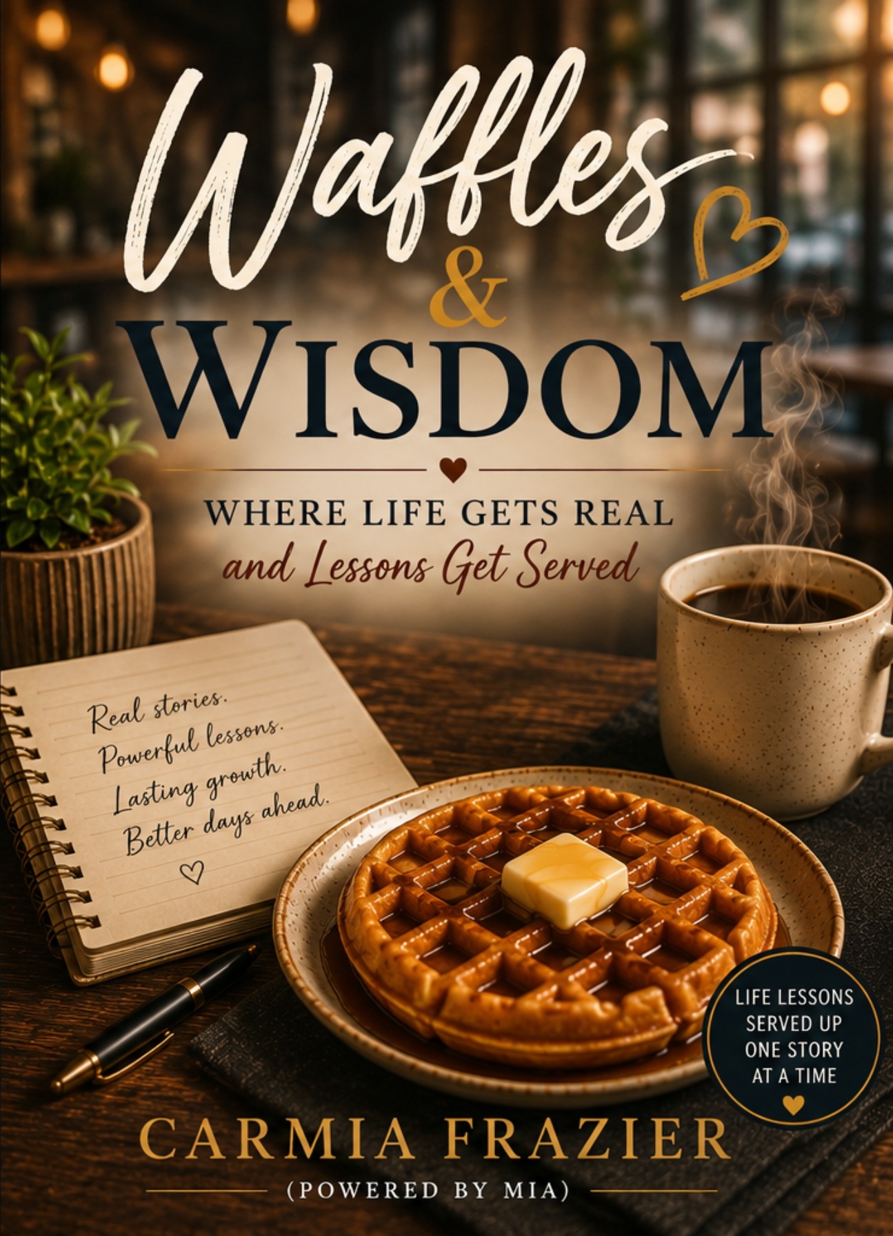 Waffles & Wisdom book cover - a golden waffle on cream linen