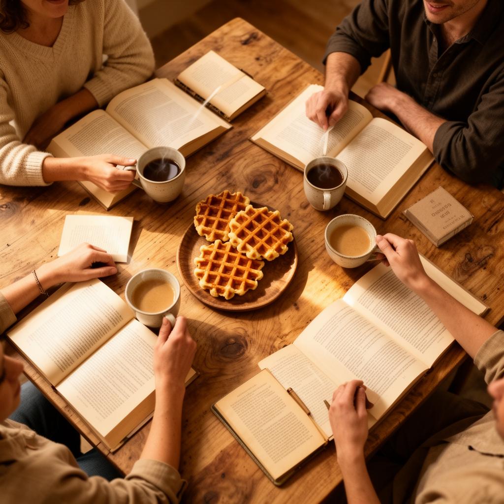 Friends sharing coffee, waffles, and books around a wooden table
